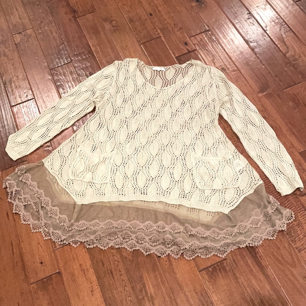 RYU cream long sleeve crochet/lace tunic top XL